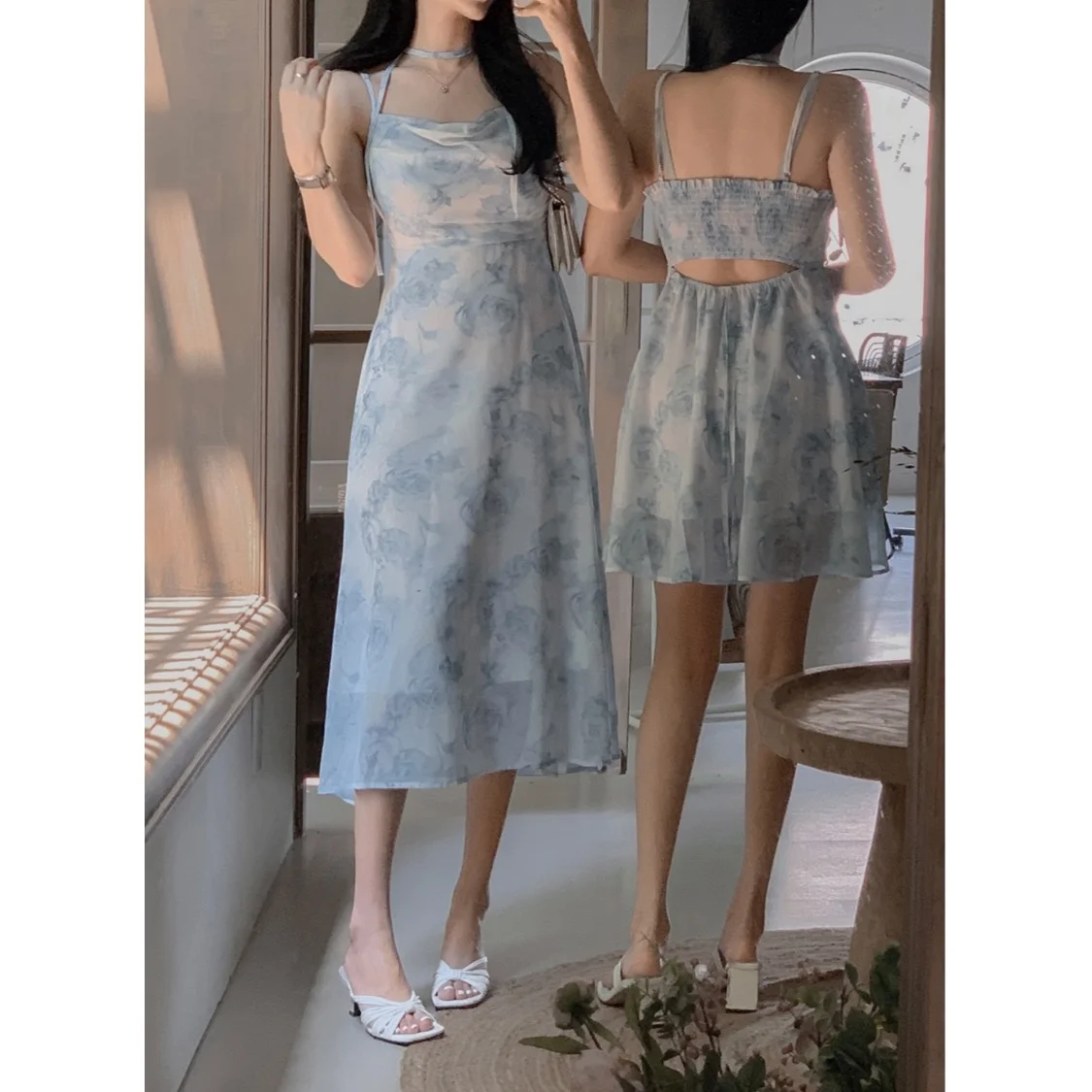 Summer New Sweet Design Gradient Floral Print Halter Neck Midi Dress Women's Polyester Georgette Sleeveless Citywalk Dress