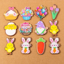 10 pcs Wooden Easter Egg Bunny Pendant Charms for Jewelry Making Earrings Necklace DIY Accessories Supplies