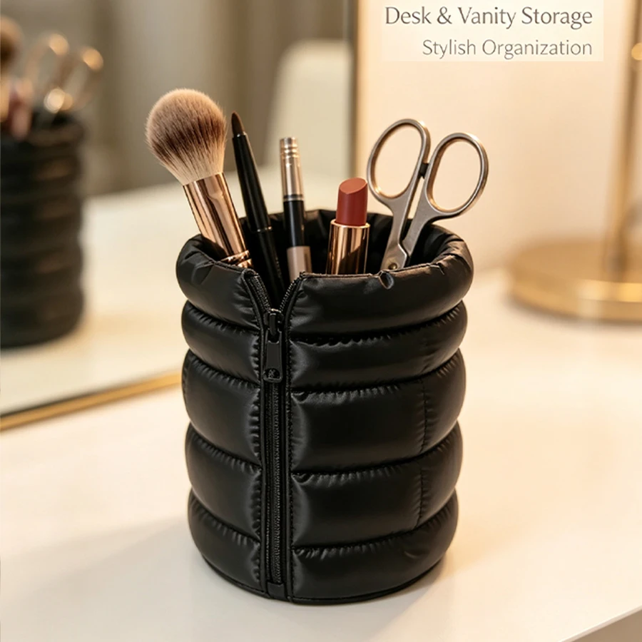 Black Quilted Puff Makeup Brush Holder, 3D Printed Fluffy Vanity Brush Storage Cup, High Aesthetic Makeup Brush Storage Container, Modern Style Women's Vanity Table Decoration