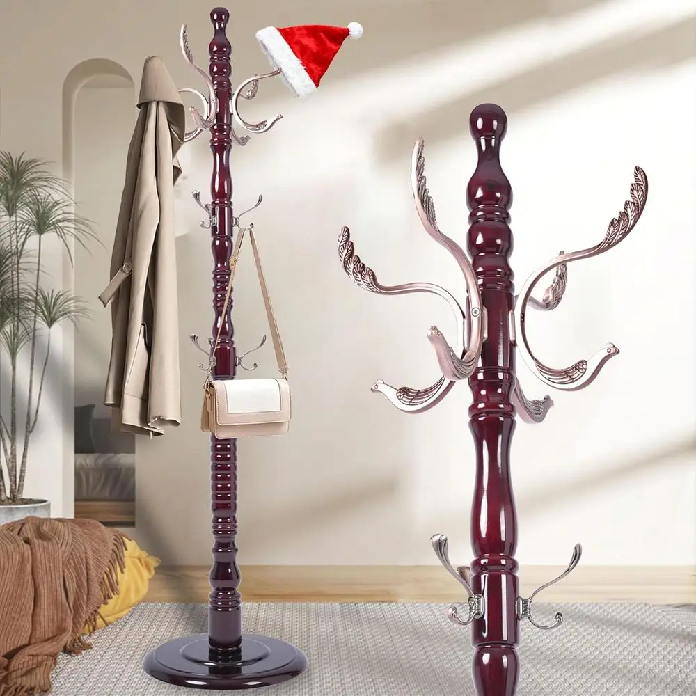 

Vintage Wooden Standing Coat Rack with 20 Metal Hooks, Adjustable Height 73, Heavy Duty Tree for Home Entryway or Bedroom