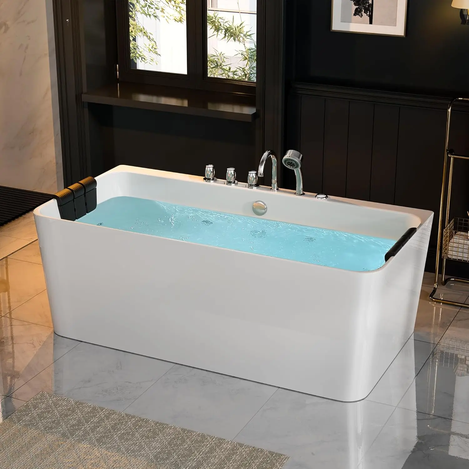 Whirlpool Bathtub 67 In. Acrylic Freestanding Bath Tub Hydromassage Gracefully Rectangle Shaped 8 Water Jets Soaking Spa,