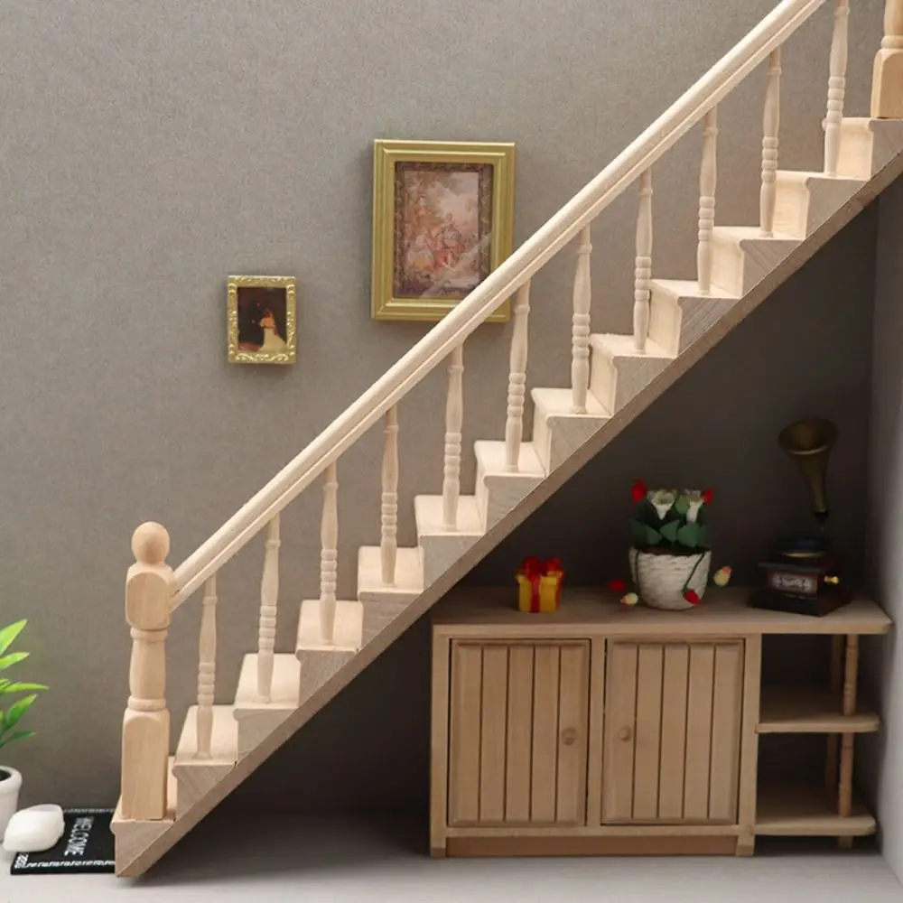 Pretend Play 1:12 Dollhouse Furniture Miniature DIY Mini Stairway Model Stair Railing Armrest Stairs with Handrail Scene Props