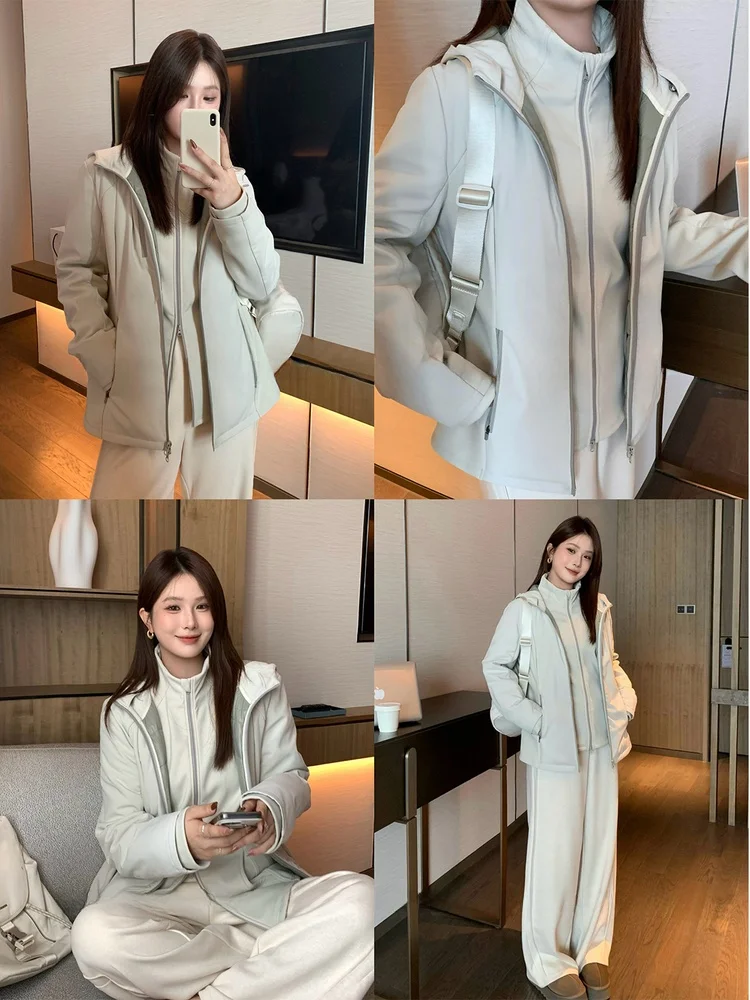 

plus Size Women's Bla down Jaet Vest Set Warm Thiened Long Sve Zipper Closure Pure Color Neutral Sle Faionable