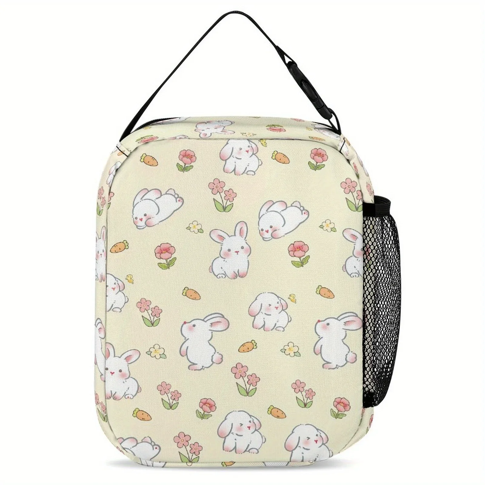 

Cute Bunny Insulated Lunch Bag - 10" Travel Cooler with Front Mesh Pocket, Cartoon Rabbit Design, Light Beige Polyester, Hand Wa