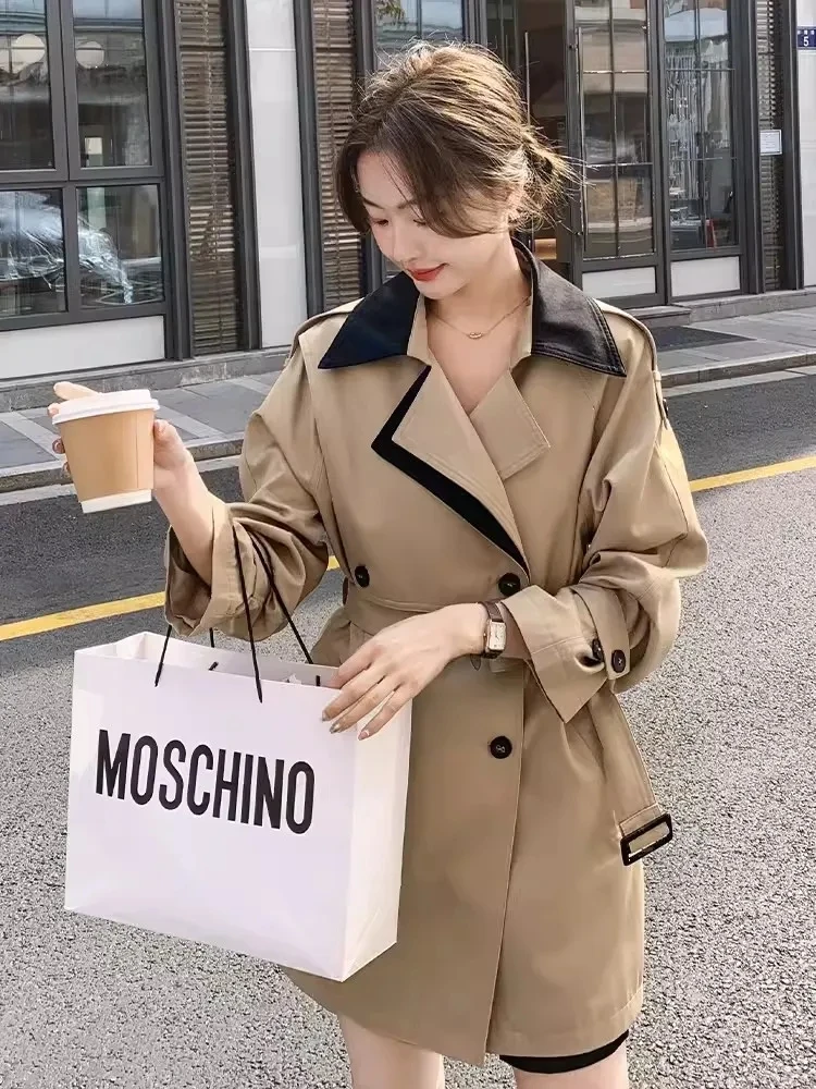 Premium Double Collar Trench Coat For Women 2024 Autumn New Korean Version Loose Color Contrast Mid Long Fashionable Trench Coat