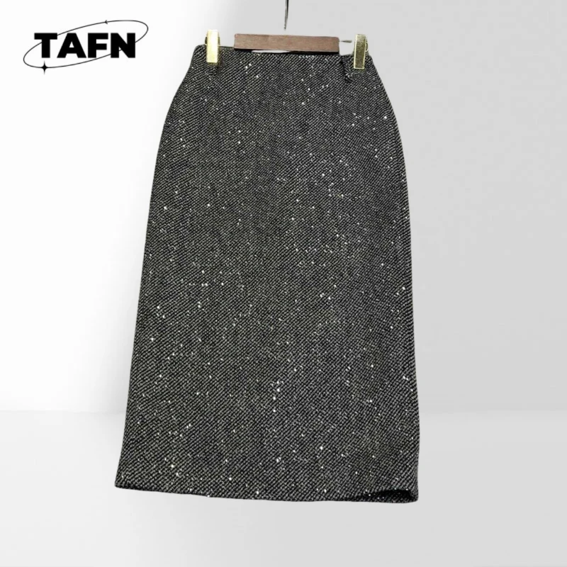 Wool Women Tweed Midi Skirt Glitter Thread Fabric High Waist Straight Mid‑Length Skirt Black‑Grey Side Zipper Elegant BH1903