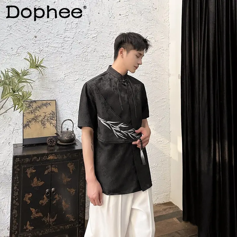 

Men's 2026 Summer New Embroidered Contrast Color Shirts Faux Two-Piece Short-Sleeve Chic Shirts High-End Trend Personalized Tops