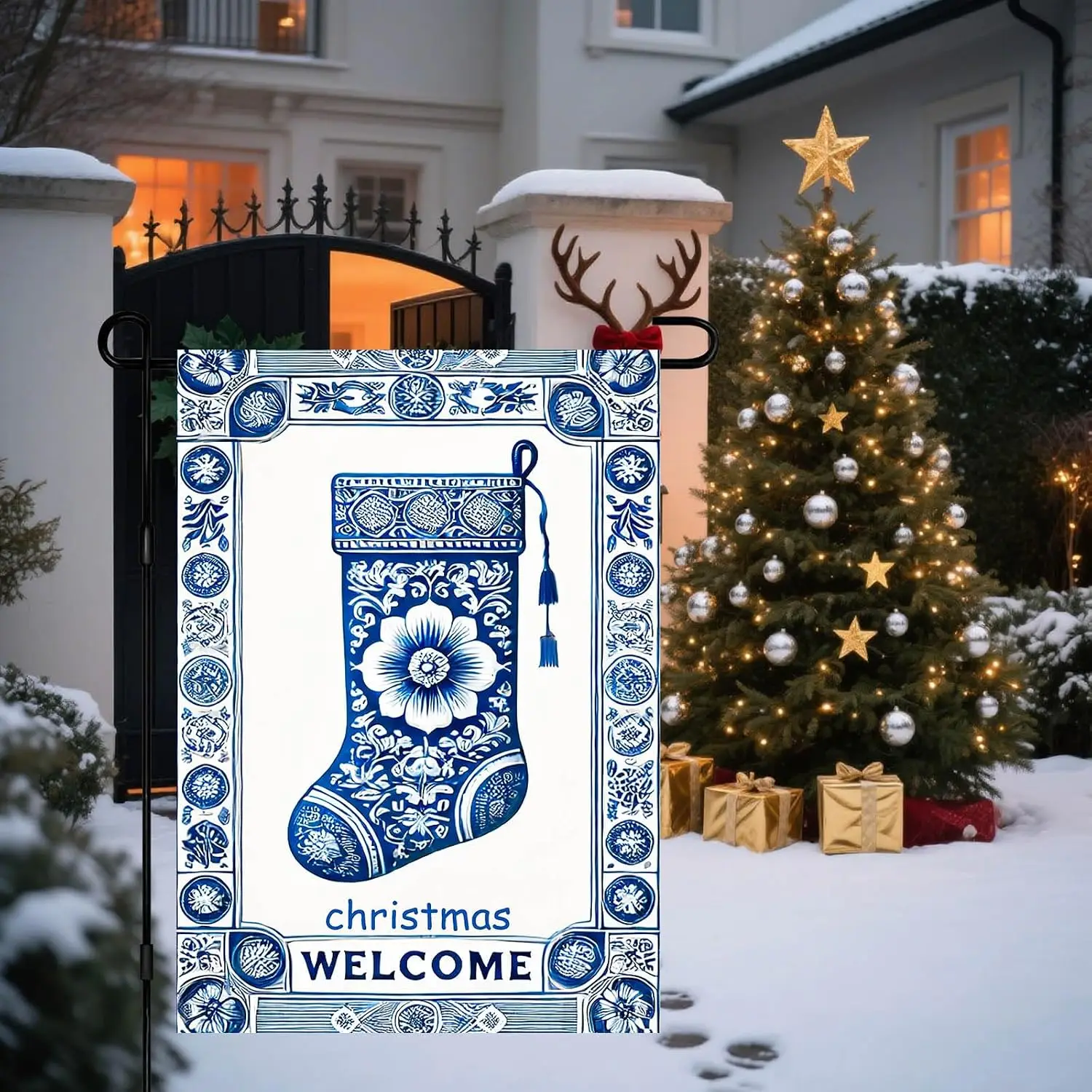 Christmas Garden Flag 12x18 Inches Blue White Stocking Pattern Outdoor Decor Seasonal Holiday Yard Flag Welcome Accent for G PPZ