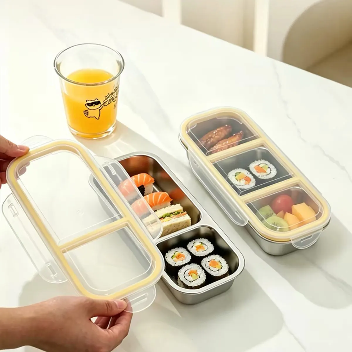 Stainless Steel Food Storage Box with Lid, Food-Grade Sealed Lunch Box, Three-Compartment Meal Container