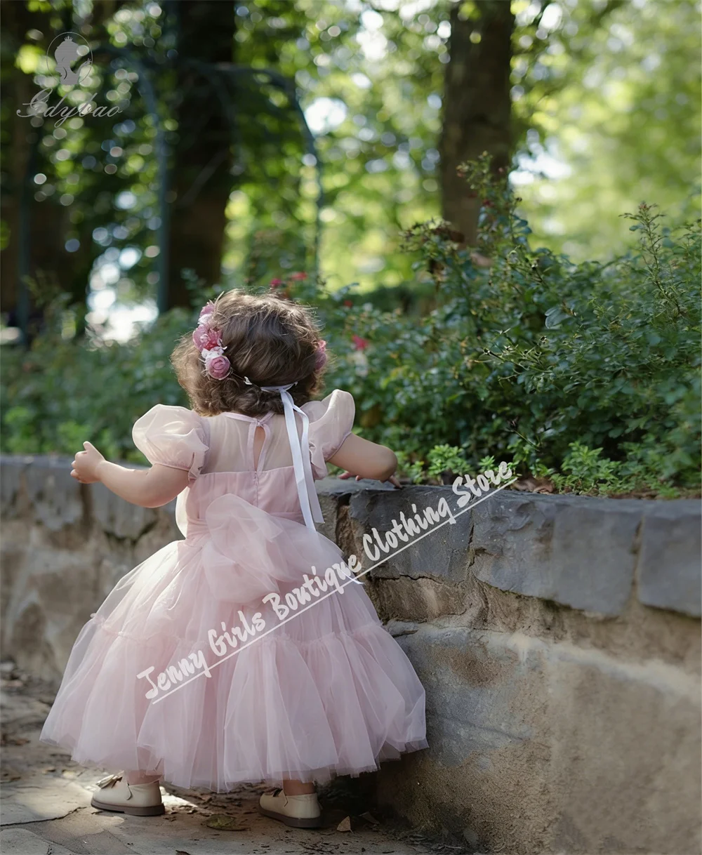 Cute Girl Birthday Dress Pink Short-sleeve Bow Mesh Wedding First Communion Baptism Event Photography Custom Dress