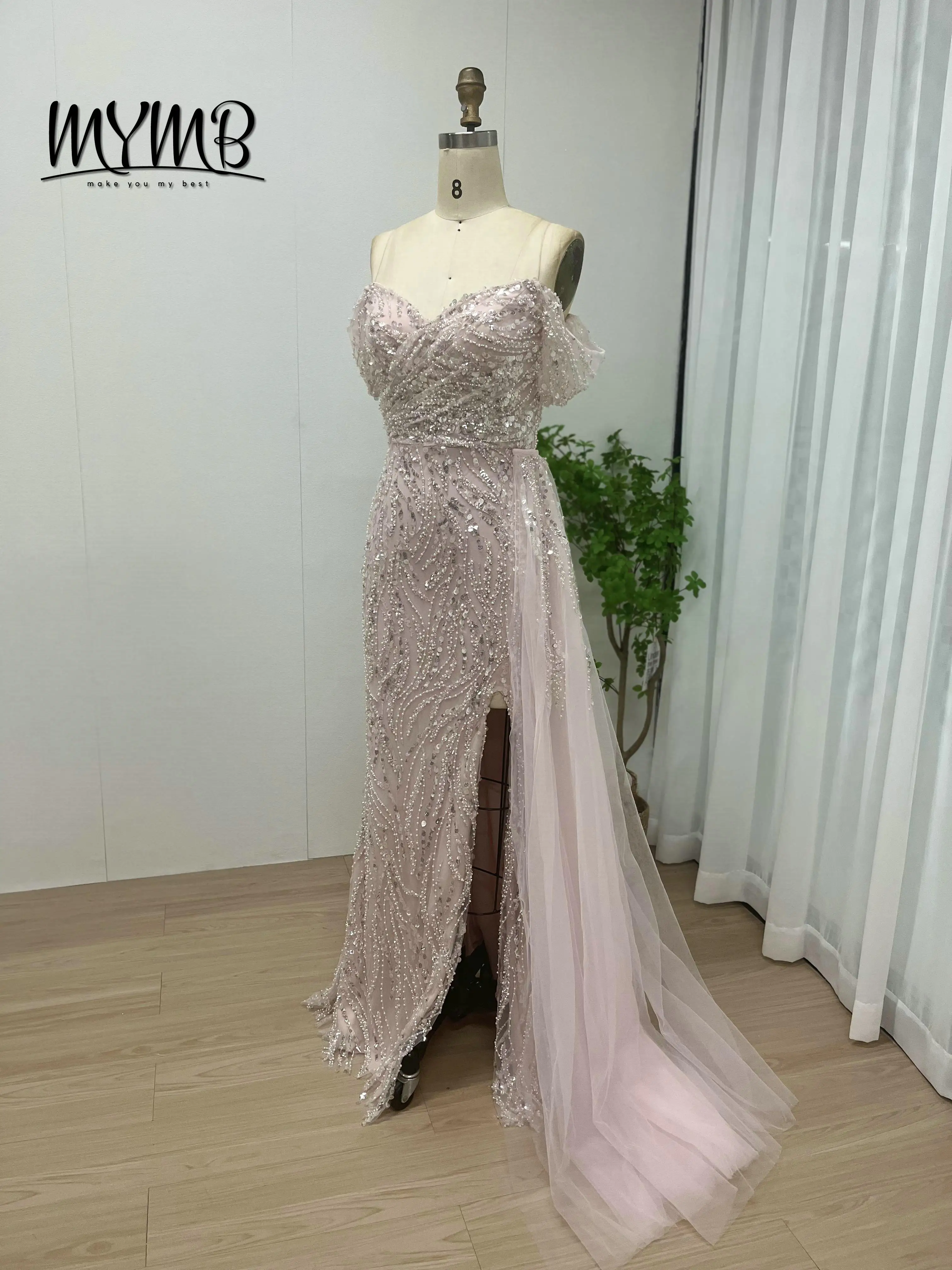 Mymb chique brilhante fora do ombro vestido de noite para senhoras querida sem mangas fenda pérola sexy plus size até o chão baile my30022