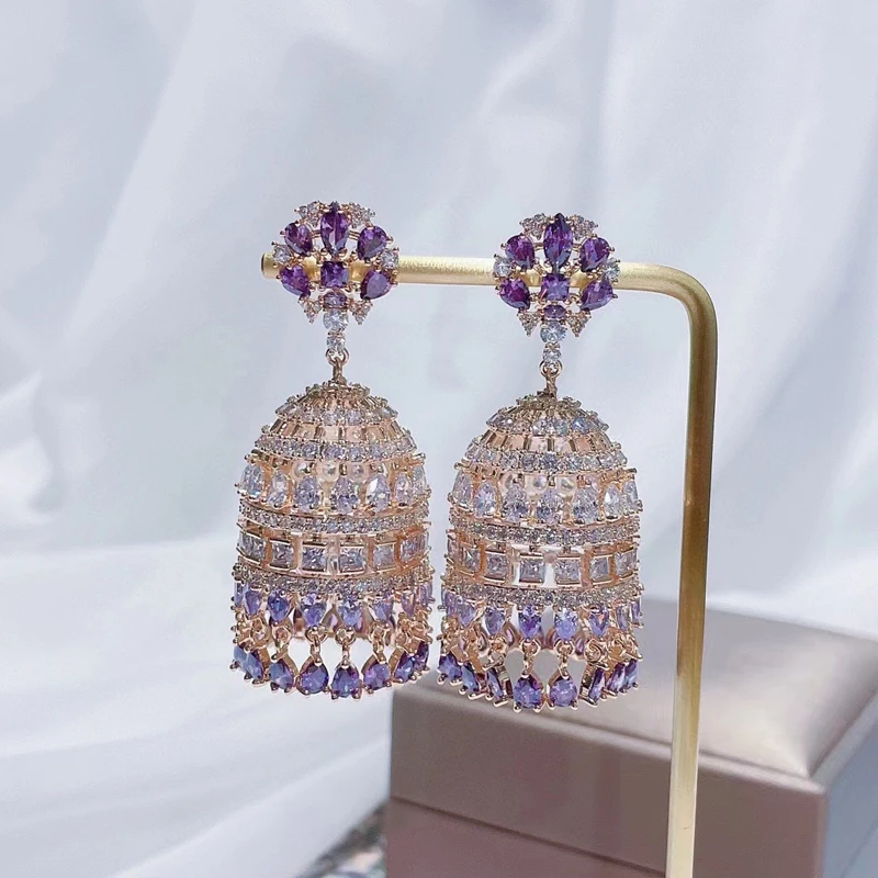 SENYU Super Luxury Wind Chime Bell Shape Earrings Paved Cubic Zirconia for Women Dubai Bridal Jewelry Indian Party Drop Earring