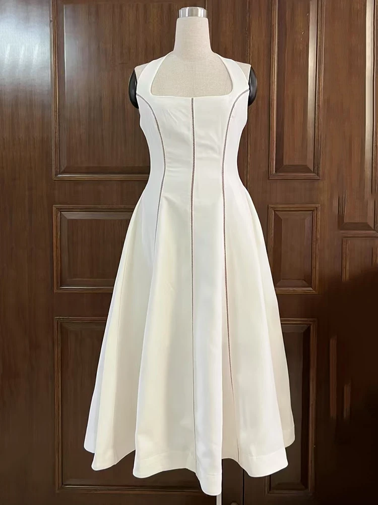 2025년 여름 패치워크 레이스, 컷아웃, 섹시한 백리스, 네크라인, 보타이, 허리를 잘록하게 잡아주는 A라인 푹신한 스커트가 돋보이는 여성 드레스