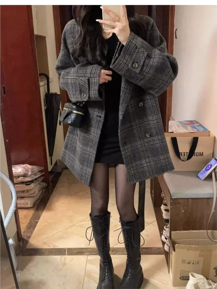 Women Autumn Korean Loose Jacket Plaid Blazer Belted Elegant Fashion Female Suit Jacket Party Business Workwear Coat New
