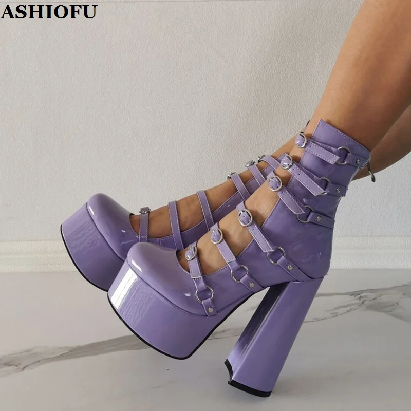 ASHIOFU Handmade Stock Sales Womens Chunky Heels Pumps Buckle Straps Patent Leather Platform Evening Party Fashion Sexy Shoes