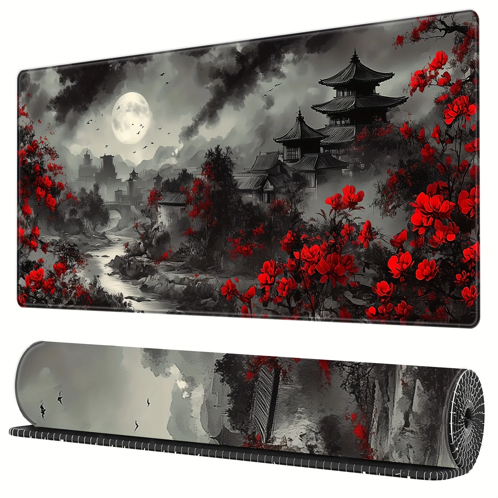 

Japanese Riverside Full Moon Large Desk Mat Extended Black Red Mouse Pad Gaming Office Decor Mousepad