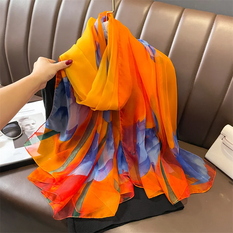 2023 Female Large Summer Silk Thin Hijab Wraps Women Elegant Floral Scarf Shawl Spring Pashmina Beach Stoles Bufanda Foulard