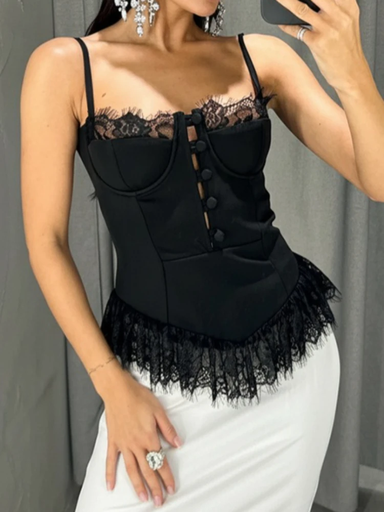 Foamlina Elegant Eyelash Lace Trim Cami Top for Women 2026 Summer New Solid Sleeveless Button Front Slim Daily Work Office Tops