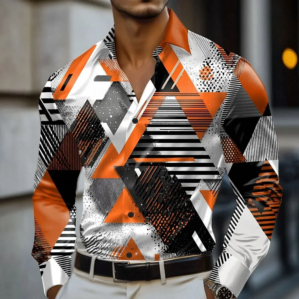 Men's Fashion Geometric Color Block 3D Printed Long-sleeved Lapel Shirt Business Casual Vacation Outdoor Top Shirt