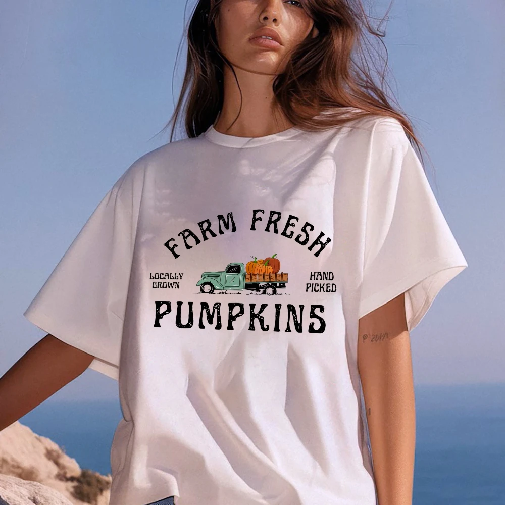 

Farm Fresh Pumpkin Shirt Fall Crewneck T-Shirt Pumpkin Short Sleeve Tees Women's Halloween Costumes Fall Harvest Season Gift