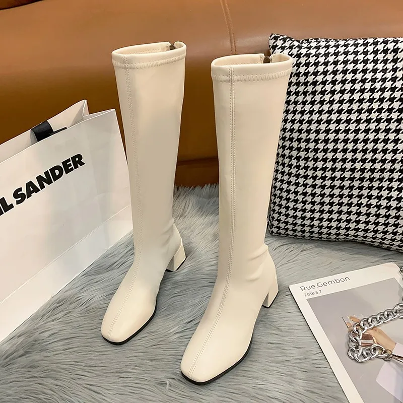 Women Low Heeled Boots Autumn and Winter Fashion Thick Heel Knee High Plush Warm and Versatile Off Knight Boots for Women