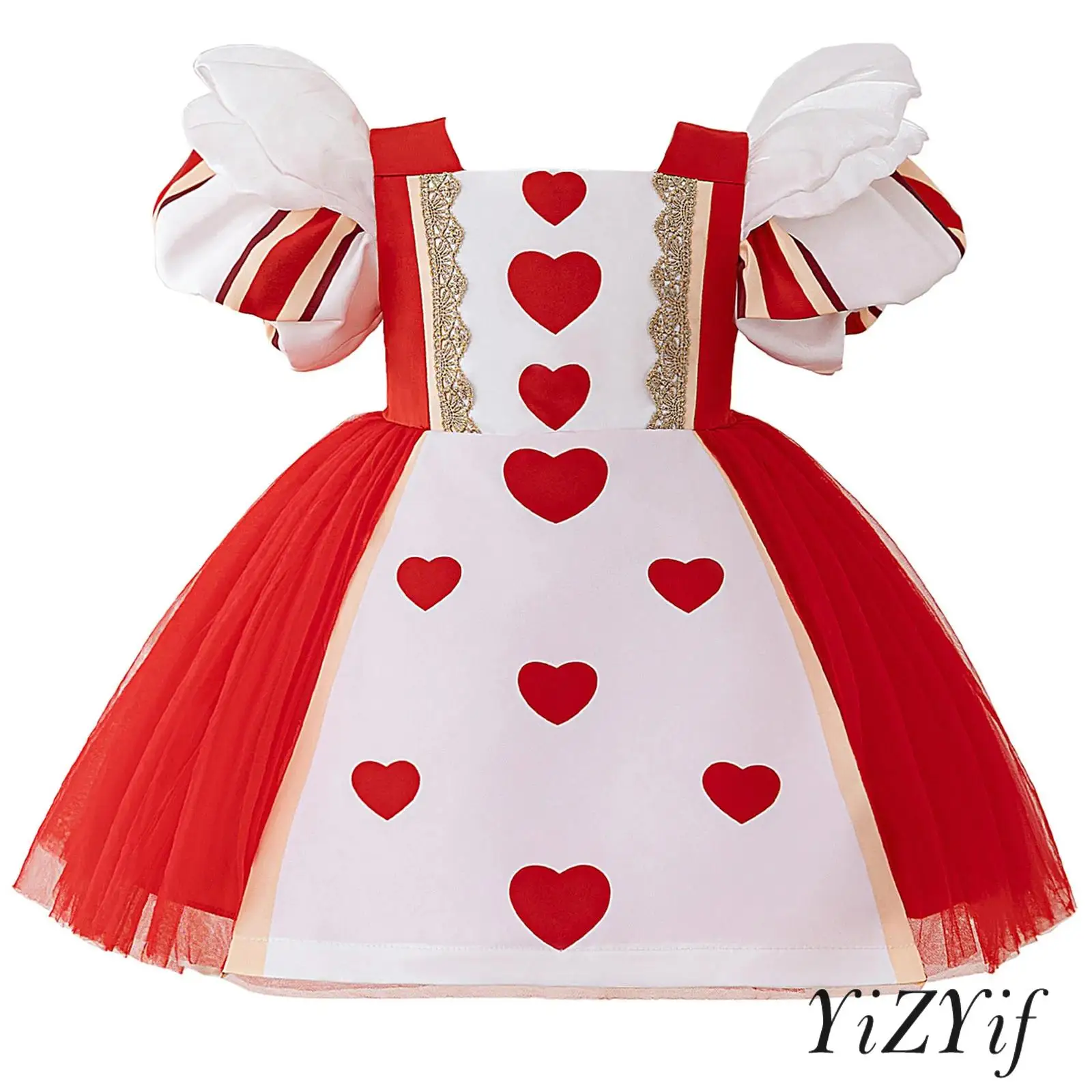 

Kids Girls Tiered Puff Short Sleeve Hearts Shape Pattern Back Zipper Princess Mesh Tutu Dress for Halloween Cosplay Costume
