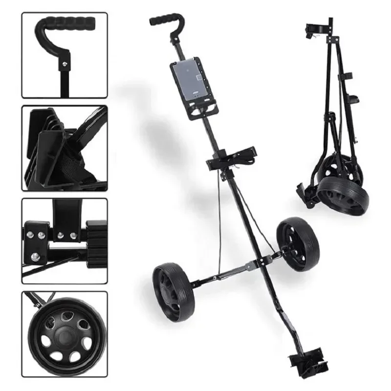 New Black Golf Pull Cart Iron Adjustable Golf Trolley 2 Wheels Push Pull Golf Cart Aluminium Alloy Foldable Trolley with Brake