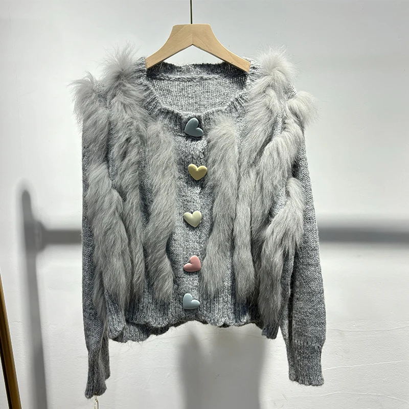 2025年 ガールズ ラブリーハートボタン 本物の狐の毛皮セーター 天然毛皮 キュートなニットジャケット