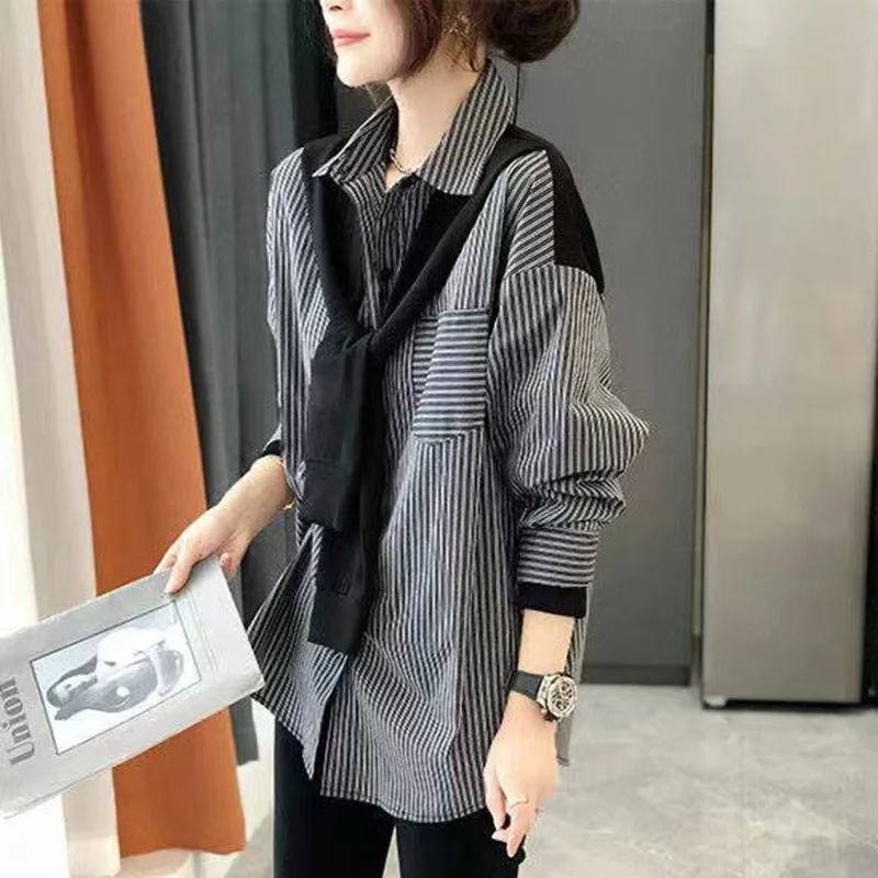 Stylish Lapel Spliced Striped Bandage Shirt Autumn New Commute Tops 2022 Oversized Casual Women's Clothing Loose Korean Blouses