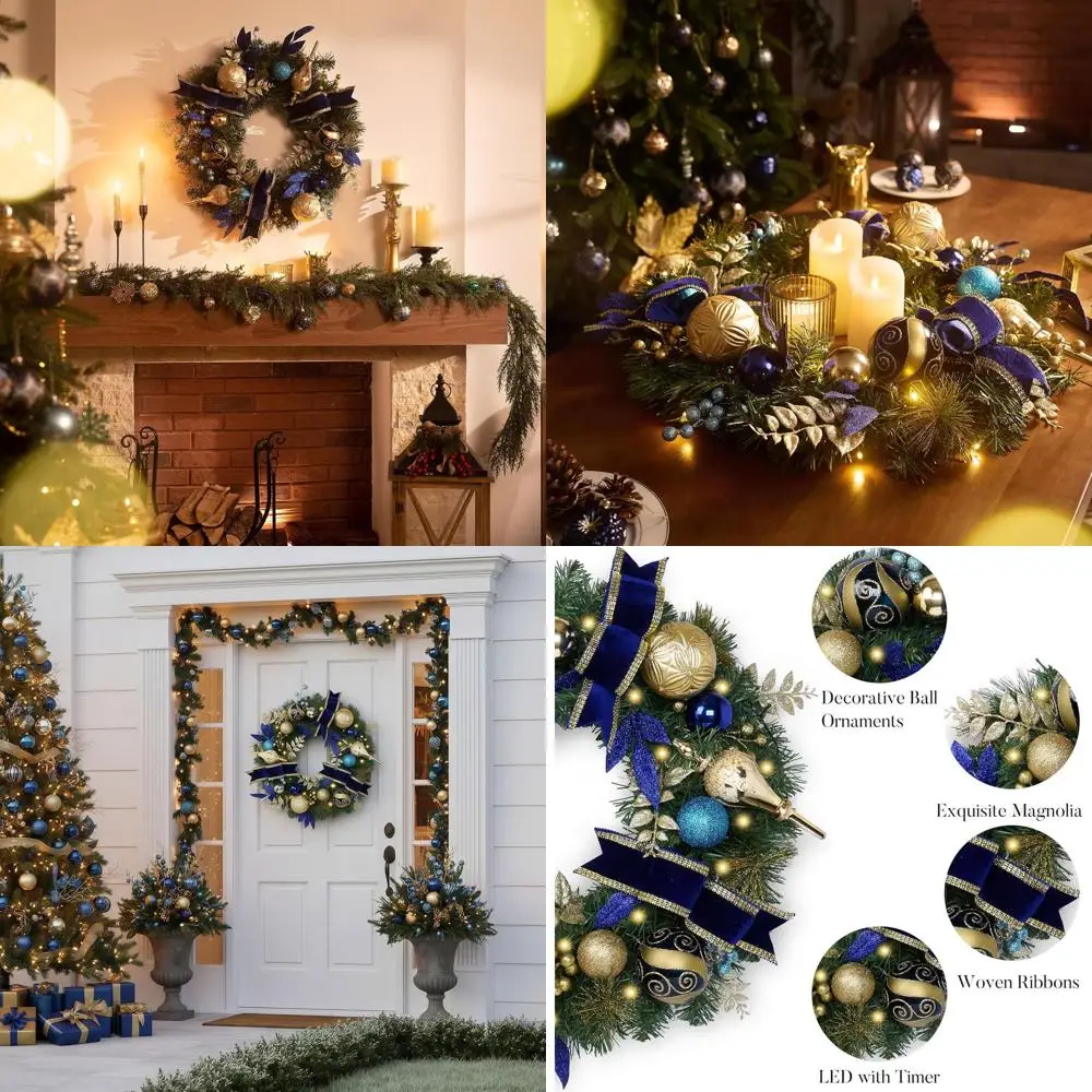 

24 Inch Pre-Lit Christmas Wreath with Blue and Gold Balls for Outdoor Holiday Decor