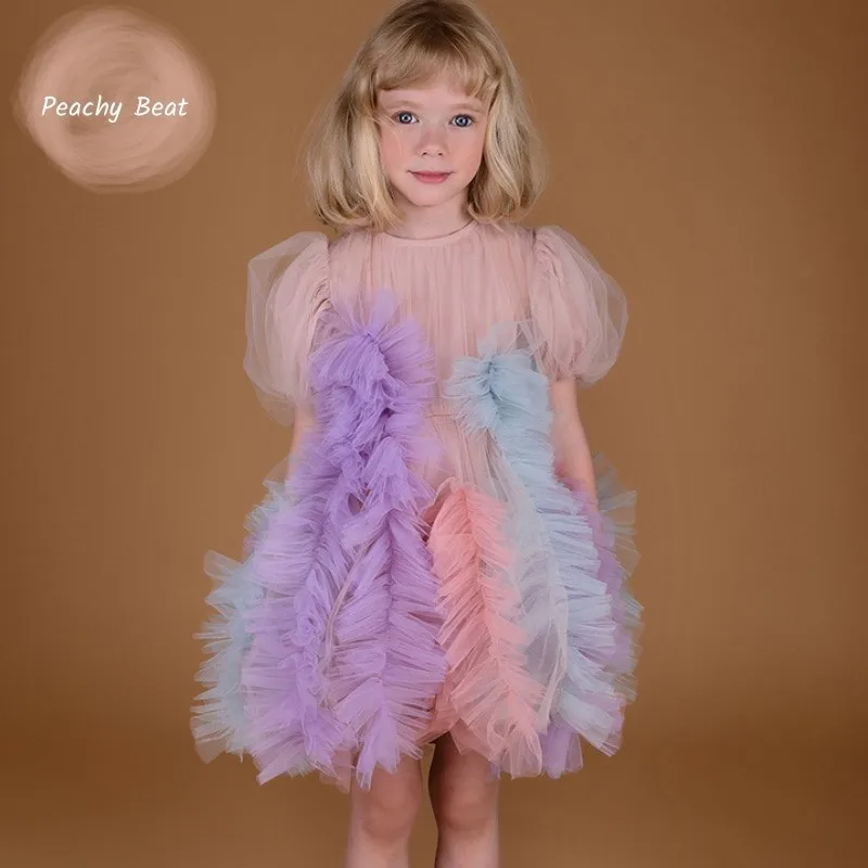 Fashion Baby Girl Princess Short Sleeve Ruffled Dress Kids Teens Elegant Tulle Vestido Party Costume Summer Baby Clothes 2-10Y