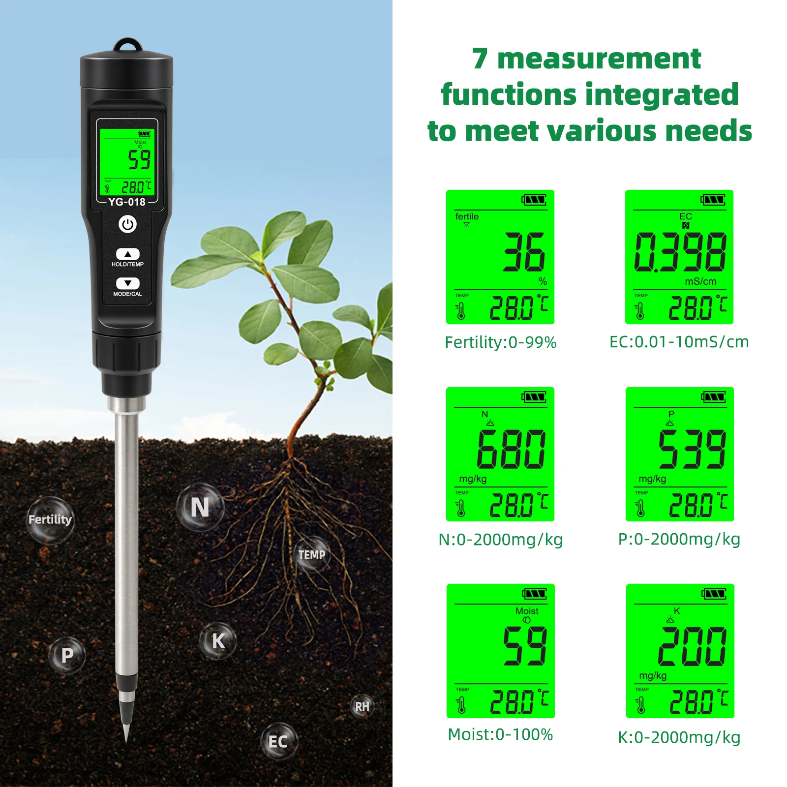 7 in 1 Digital Soil NPK Meter EC Fertility Moisture Temperature Tester Rechargeable Soil Quality Detector for Plant Garden