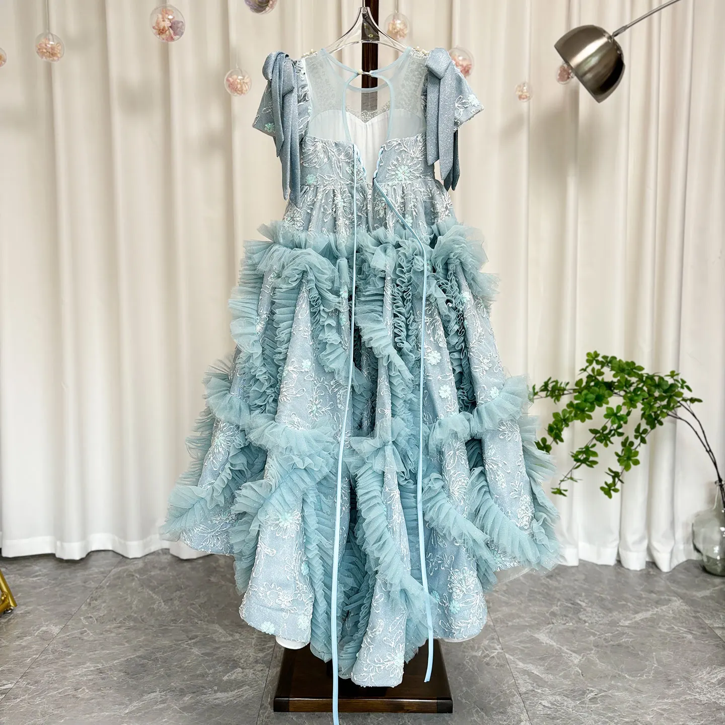 Jill Wish Luxury Arabic Flower Girl Dress Dubai Blue Pearls Beaded Princess Gown for Kid Birthday Wedding Party Pageant J020