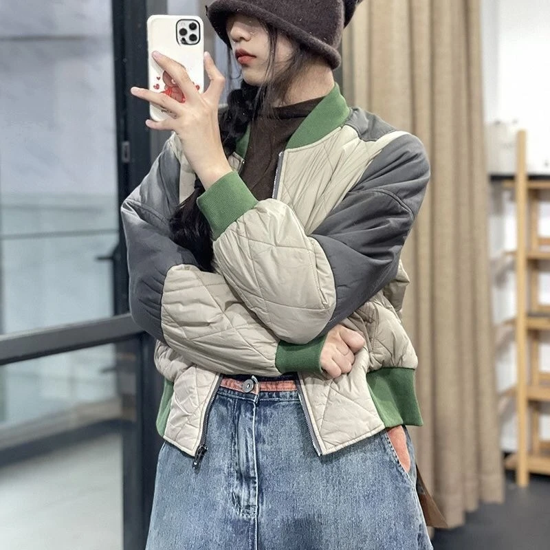 Harajuku Plaid Zipper Flight Jacket Women Autumn Cotton Thick Stand Collar Loose Jackets Chic Vintage Y2K Coat Tops