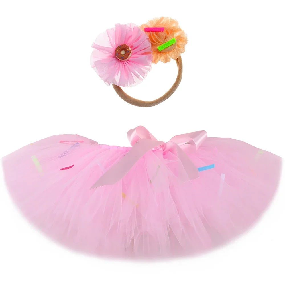 Girls Doughnut Candy Tutu Skirt Pink Donut Costume for Kids Birthday Party Tutus Fluffy Toddler Baby Girls Mini Tulle Skirts Set