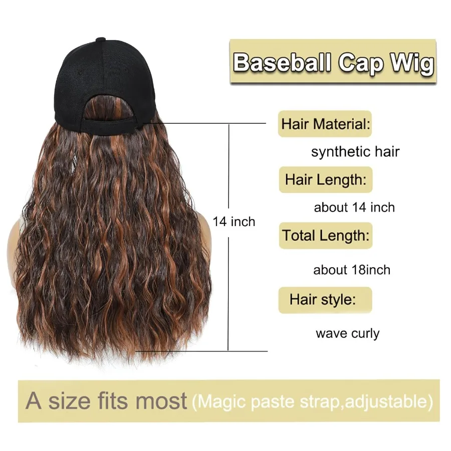 وصلات شعر مجعد صناعية مقاومة للحرارة مرفقة بقبعة بيسبول قابلة للتعديل للنساء والفتيات شعر مموج أنيق