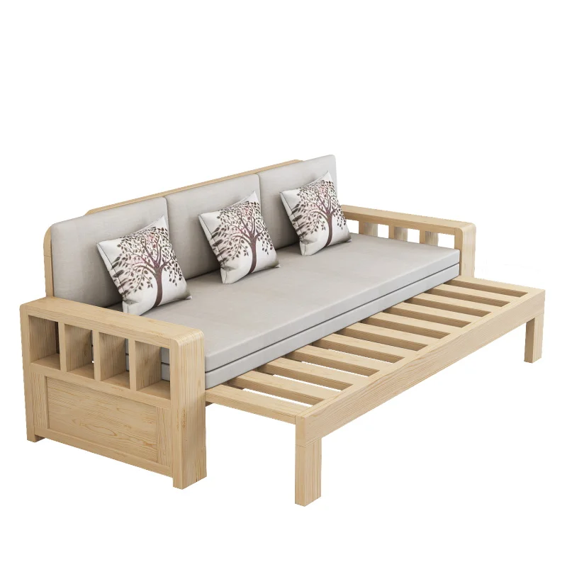 LH solid wood sofa bed, living room multi-functional dual-purpose foldable push-pull sitting sofa