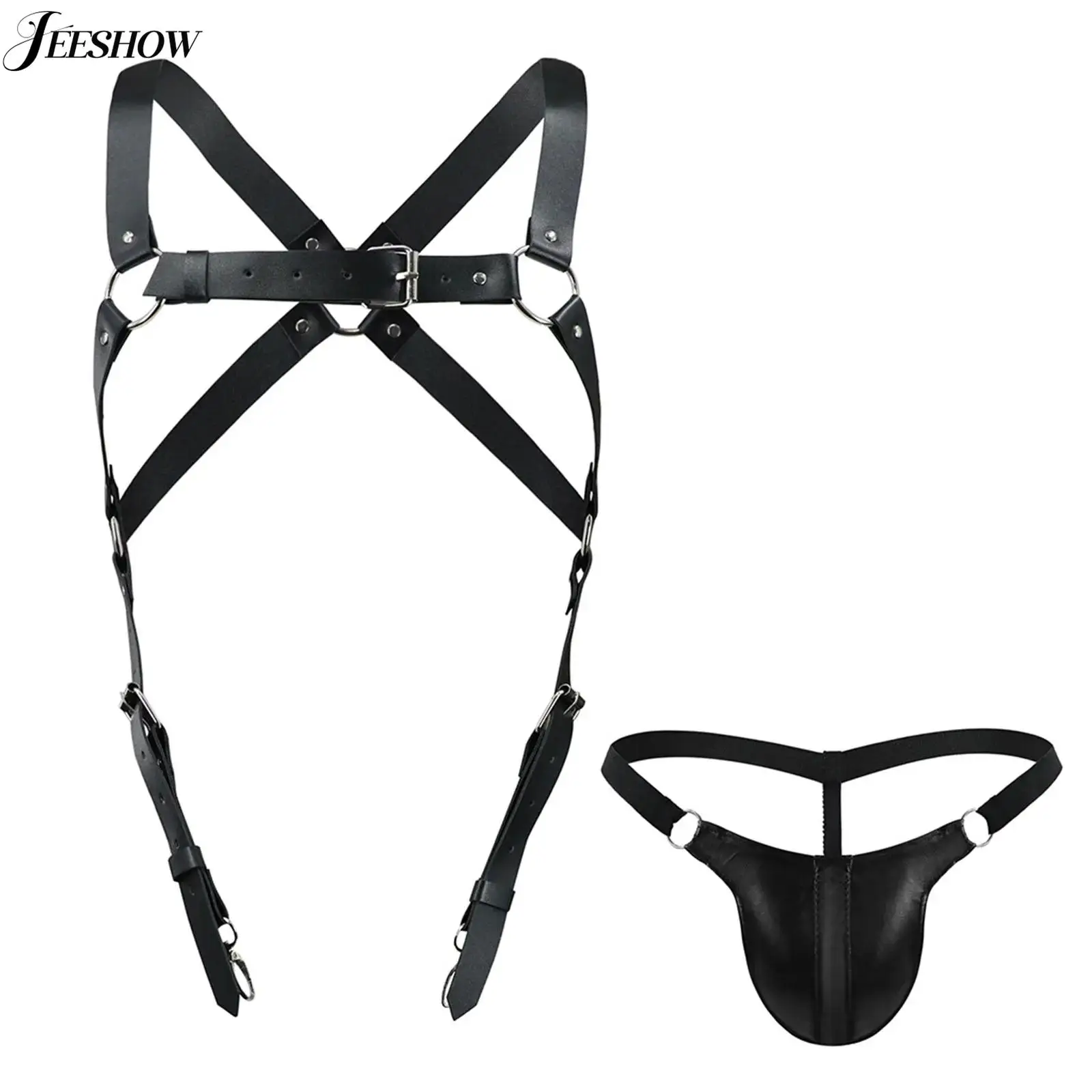 

Mens Faux Leather Harness Lingerie Outfits Detachable Suspender Leotard Underwear Body Chest Belt with Micro T-back Thongs