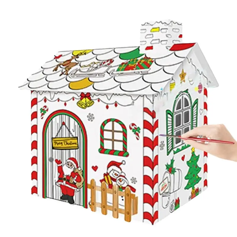 3D Christmas Cardboard Craft House Hand Painted Craft Decoration Kids Cardboard Coloring House Painting Enlightenment Toys For