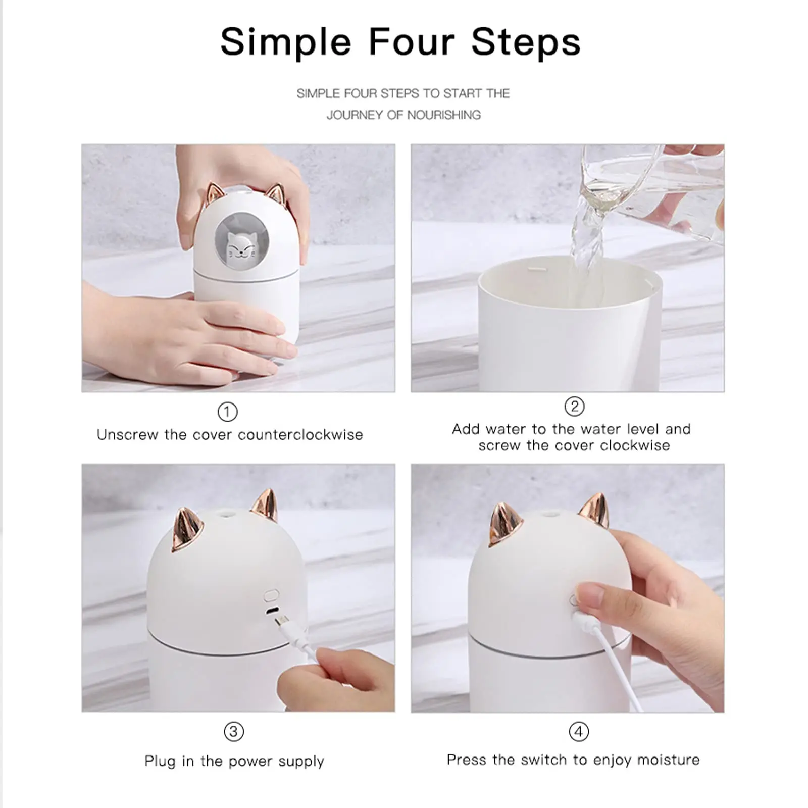 침실용 쿨 미스트 미니 가습기, 야간 조명 포함, USB 개인 가습기, 자동차 책상 사무실 가정 여행용, 300 ml