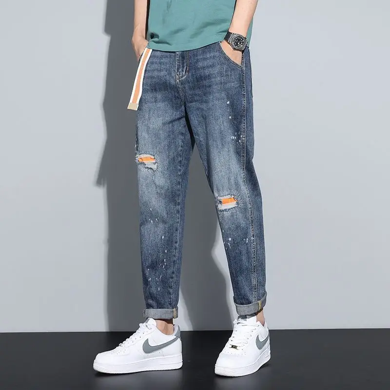 

With Holes Jeans for Men Broken Trousers Loose Baggy Torn 2025 Trend Wide Leg Kpop Fashion Original Xs Ripped Man Cowboy Pants