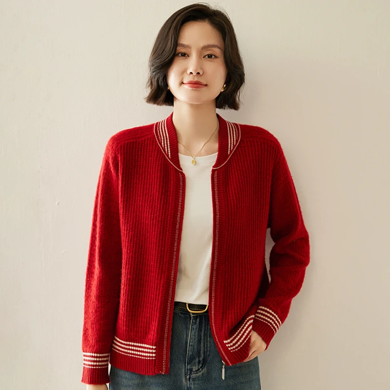 

Fall/Winter Loose Women's Baseball Collar Cashmere Sweater Zipper Sweater Cardigan Wool Knitted Hooded Jacket