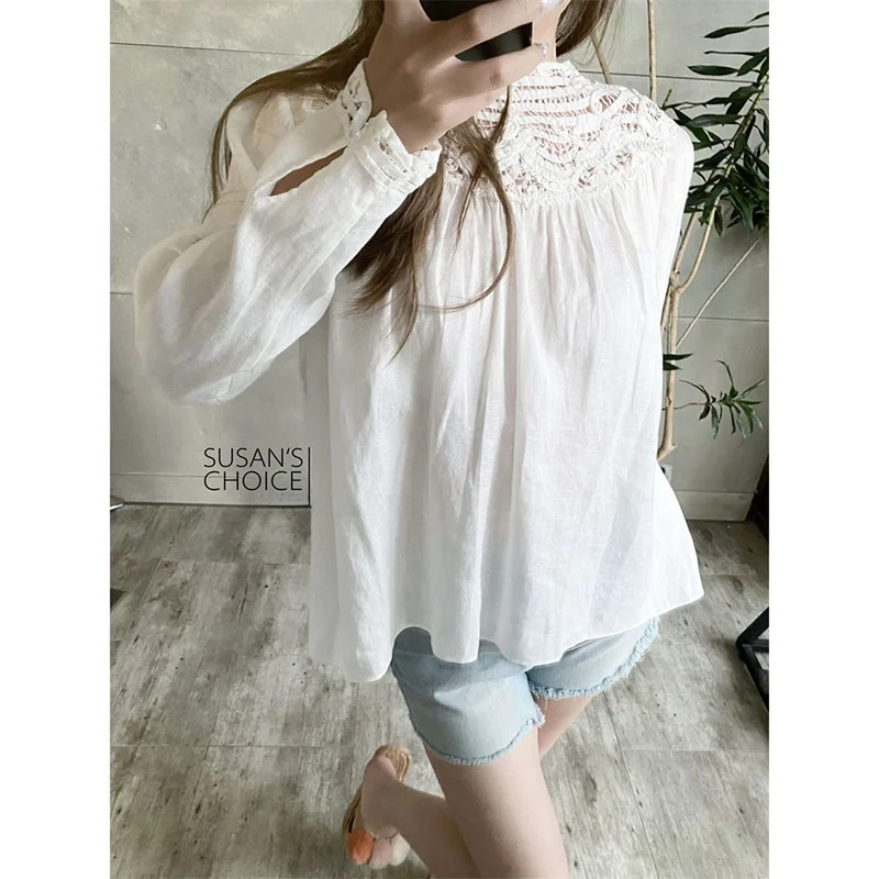 

Susan French Sle Loose Long Sve круглый Ne кружевной крючок с цветочным принтом женский топ весна-лето универсальный два цвета