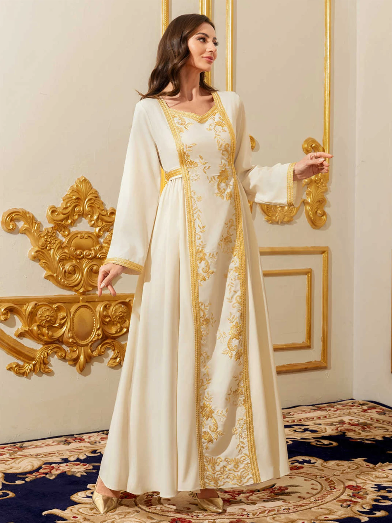 

Loose Floral Printed Abaya Long Sleeve Traditional Middle Eastern Dress for Women Elegant Robe