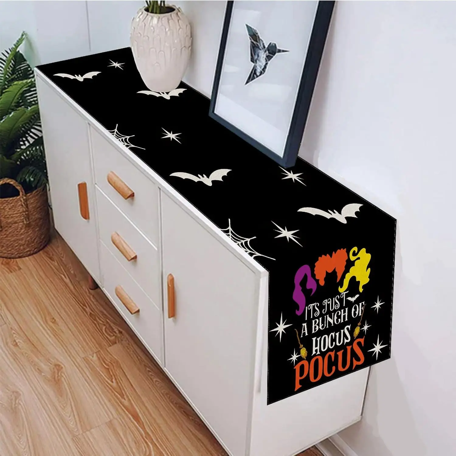 Halloween Black Hocus Pocus Linen Table Runners Dresser Scarf Decorations Farmhouse Kitchen Dining Table Runners Party Supplies