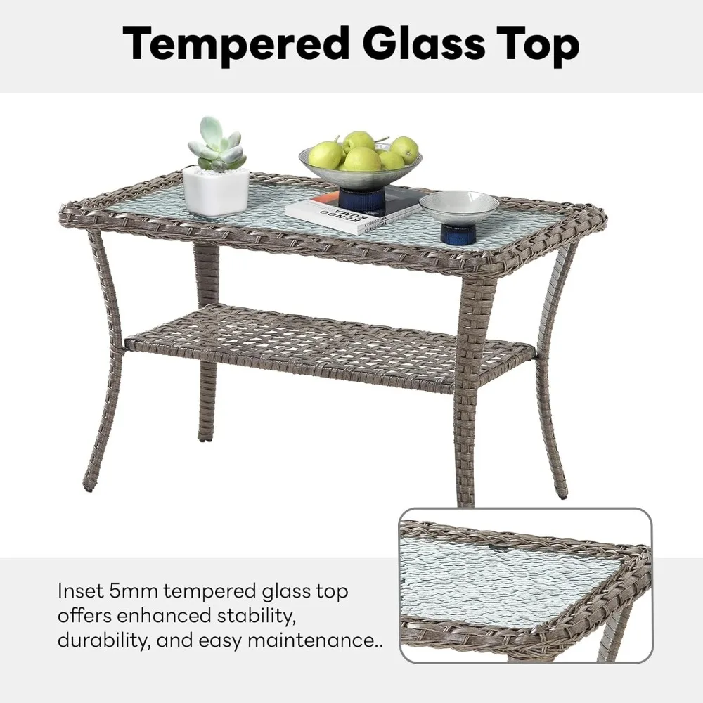 38 Inch Outdoor Coffee Table with 2 Tier Storage - Wicker Coffee Table with Water Ripple Texture Tempered Glass Top, All