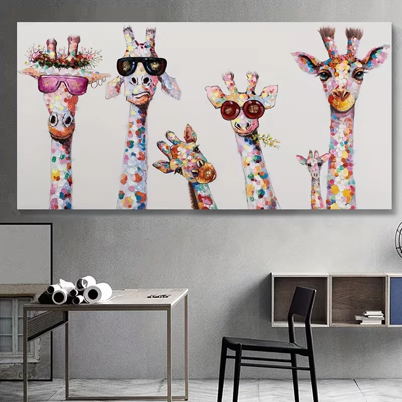 2D Flat, [2D FLAT] 1pc Unframed Canvas Poster, Colorful Giraffe Painting, Classics Style, Canvas Wall Art, Artwork Wall Painting