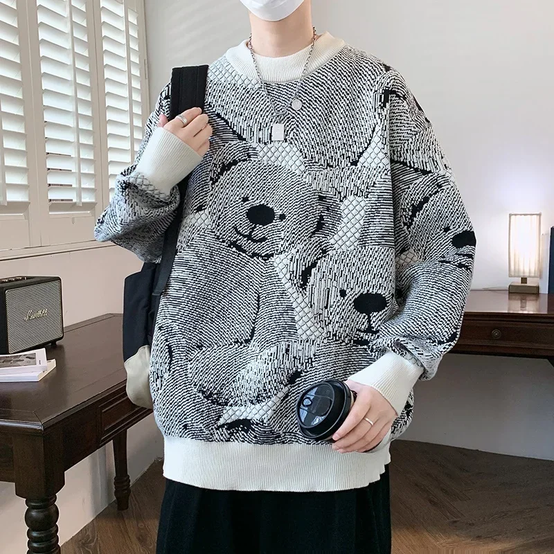 Pull Homme 2024 nuevo otoño suéteres para hombre marca de moda coreana oso impreso Jersey de cachemira hombres suave cálido suéter ropa de invierno