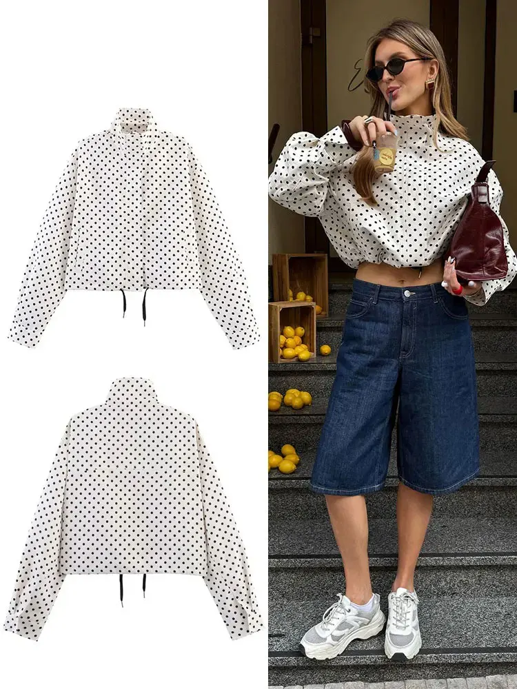 

Женская куртка с принтом в горошек, водолазка с длинными рукавами, пальто на молнии и шнурке, уличная одежда с карманами, женская новая верхняя одежда