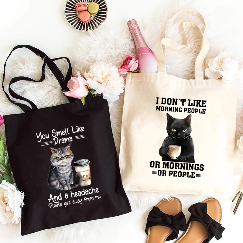 Animal Joke Graphic Tote Bag Ladies Shopping Bag Cat Aesthetic Reusable Canvas Shoulder Bag Stylish Student Shoulder Handbag